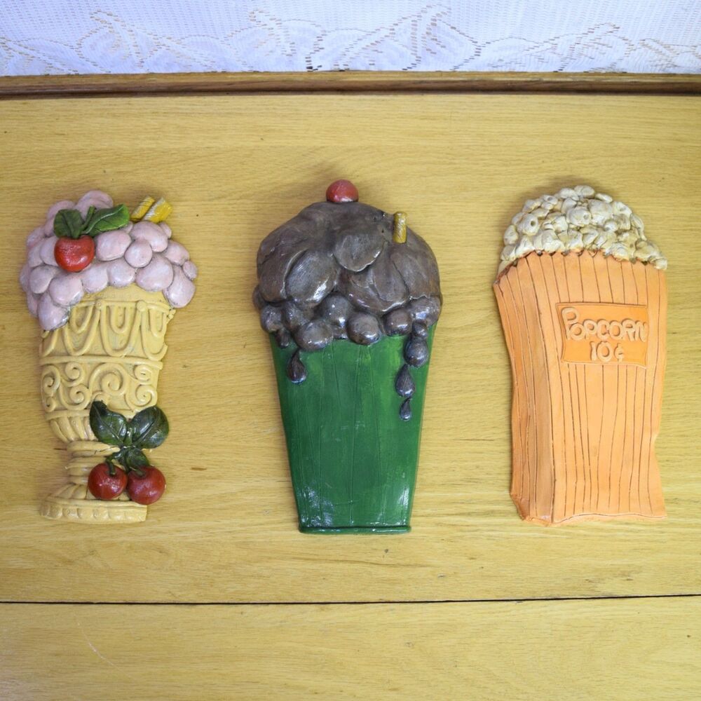 1970s Cheryl Gadow Popcorn Sodapop Float Milkshake Chalkware Wall Decor Vintage